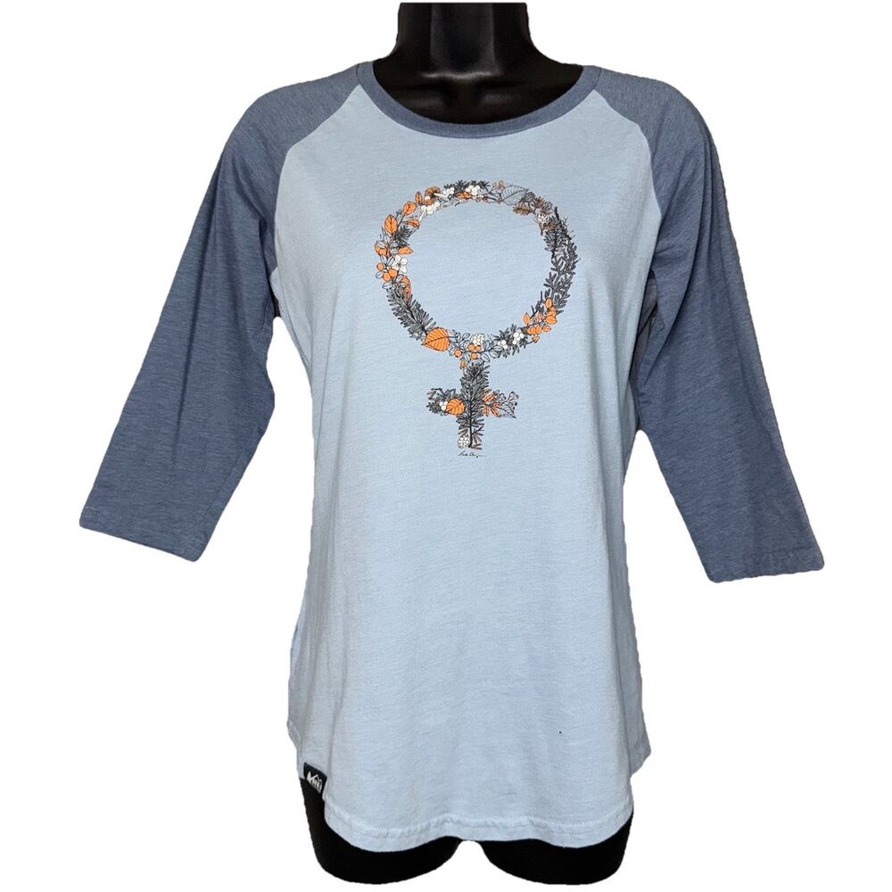 REI Co-op Floral Female Symbol Small Top Blue Raglan T-Shirt Feminist Tee‎ Logo
